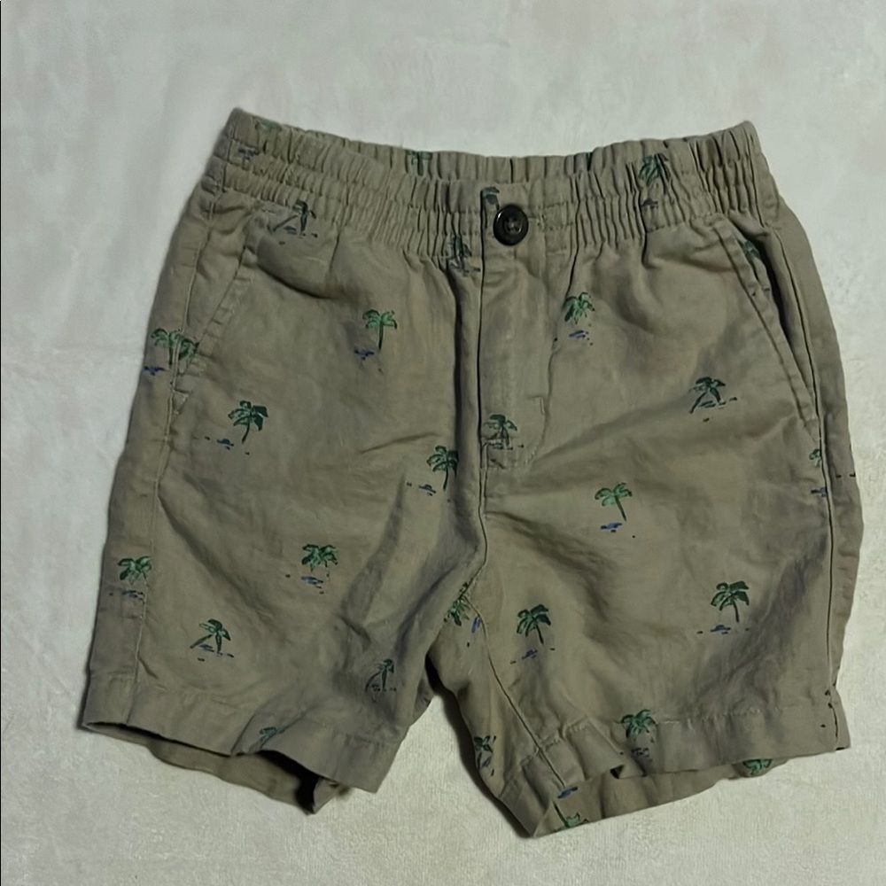 Janie and Jack Tan and Green Elephant Print Cotton Shorts